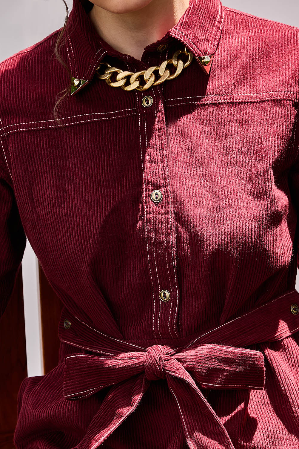Close-up of Manchester Dress — gold detailing on belt and collar