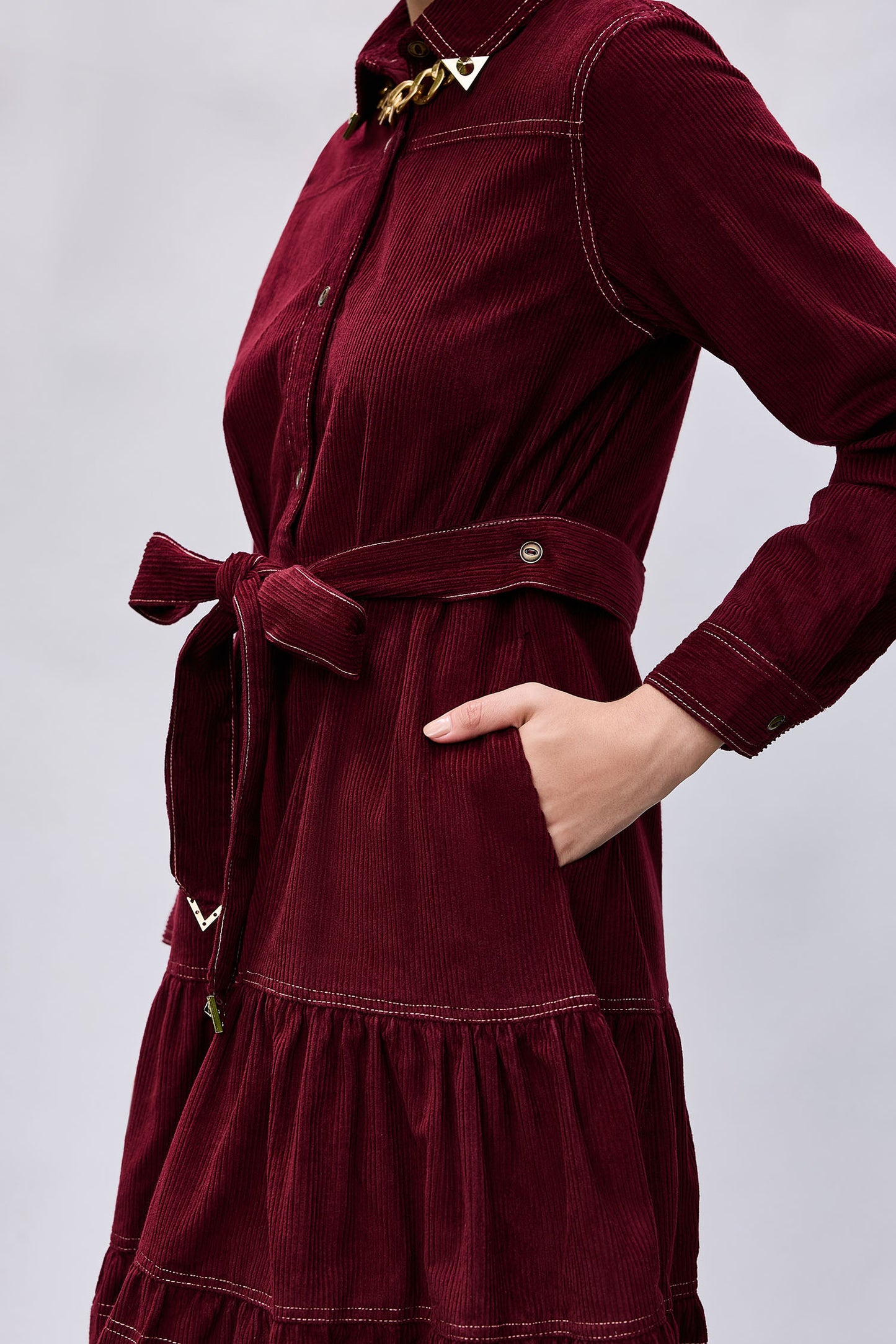 Close-up of Manchester Dress — gold detailing on belt and collar