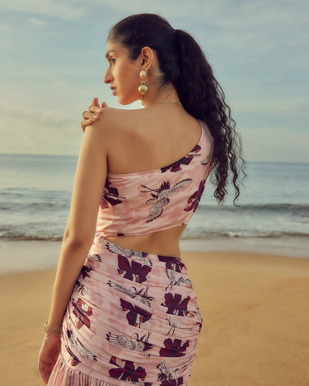Designer maxi dress by VA RA – pelican-inspired print with waist slit, perfect for Indian summers