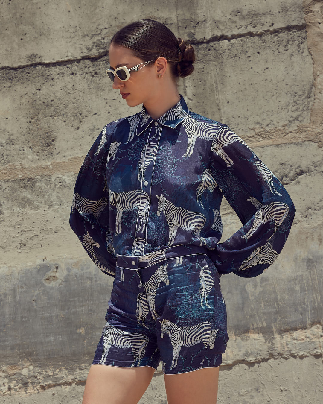 Luxury resort wear jumpsuit with zebra-inspired print – VA RA Sapphire Safari Jumpsuit