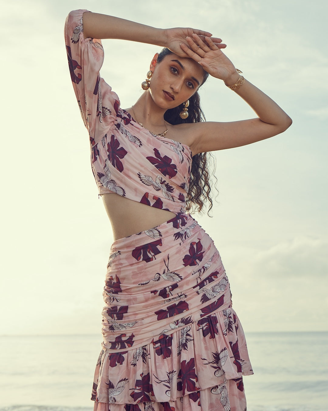 Luxury resort wear maxi dress with pelican and bloom print – VA RA women’s tropical maxI DRESS
