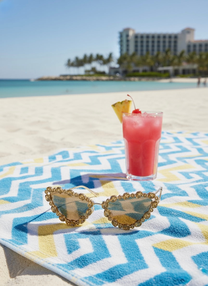 Golden cat-eye crystal sunglasses placed on a beach towel beside a pink tropical cocktail — VA RA Golden Daiquiri Sunglasses.