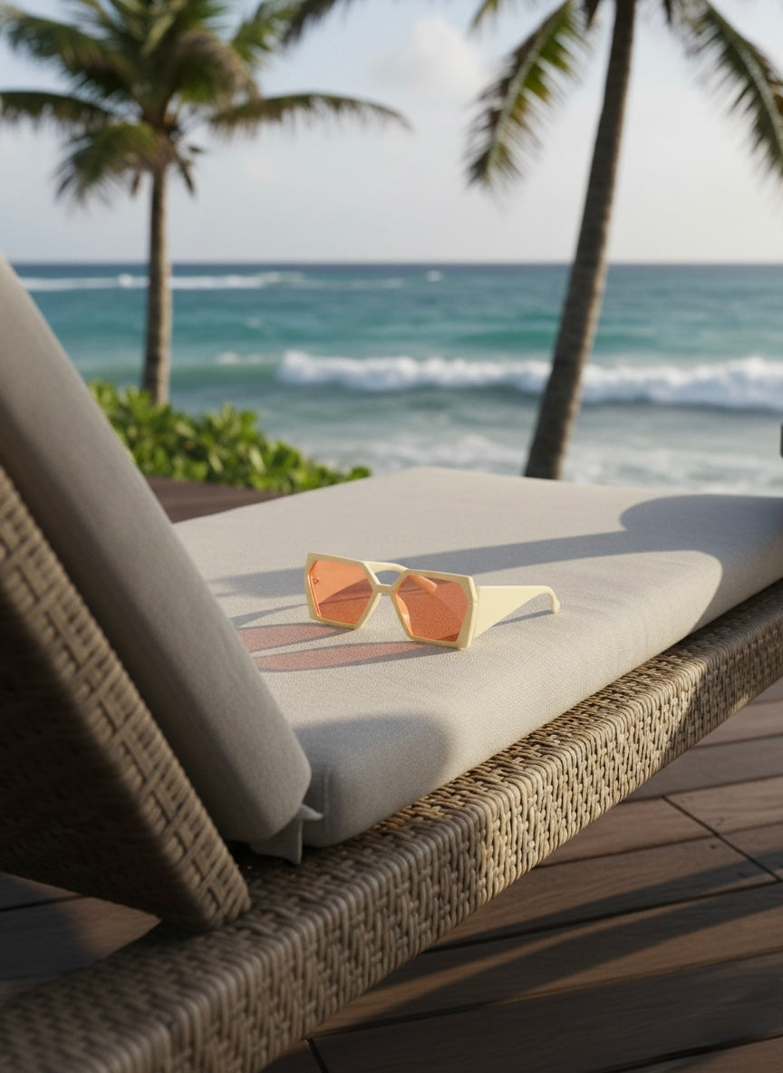 Peach-tinted geometric sunglasses resting on a sunbed beside the ocean — VA RA Peach Bellini Sunglasses.