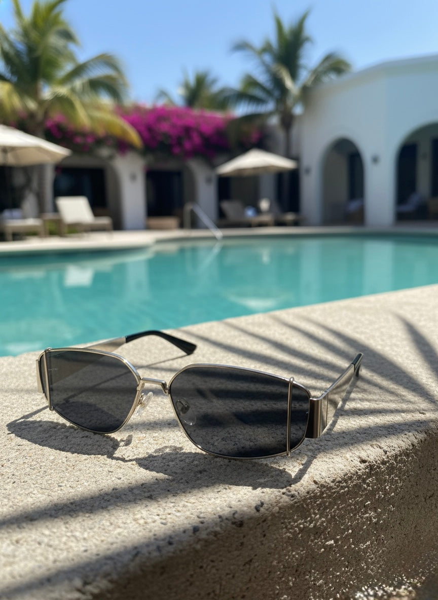 Metallic silver sunglasses placed beside a turquoise resort pool under bright sunlight — VA RA Silver Highball Sunglasses.