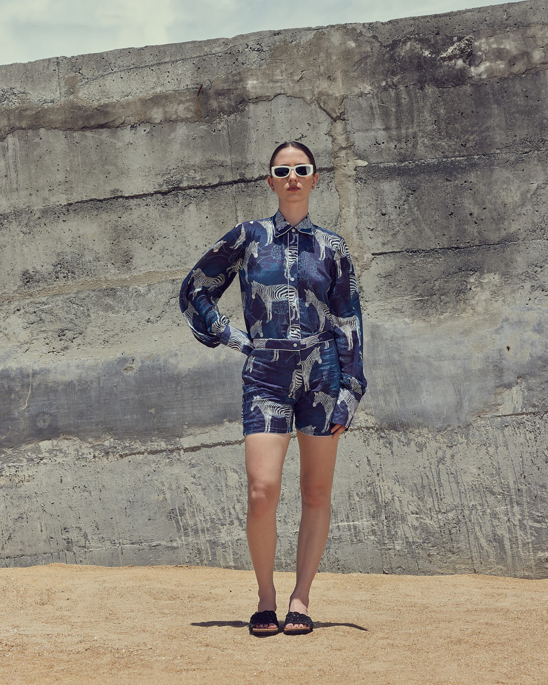 VA RA Sapphire Zebra Safari Jumpsuit – luxury women’s jumpsuit with bold sapphire zebra print