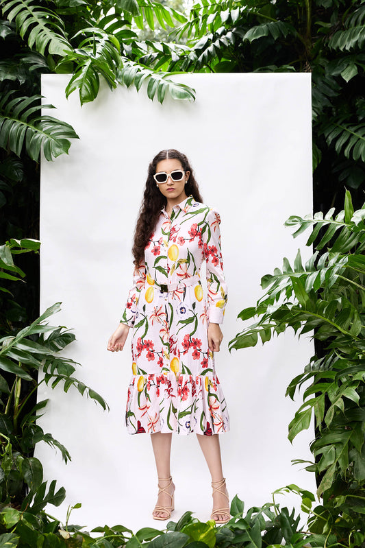 VA RA Bouquet Dress — floral cotton lycra midi dress with lemons and red flowers