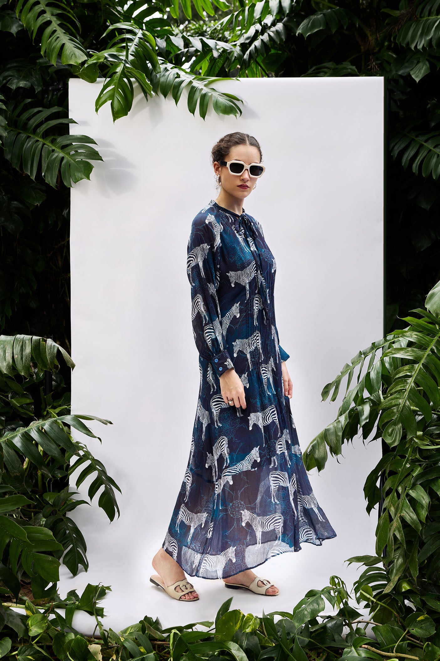 Comfortable Resort Dress, Blue Pintucked Relaxed fit long dress