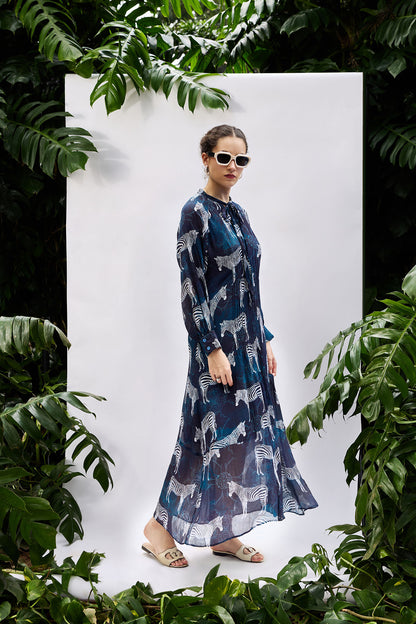 Comfortable Resort Dress, Blue Pintucked Relaxed fit long dress