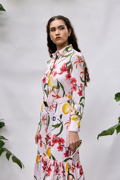 Close-up of Bouquet Dress — cotton lycra floral fabric with gold buttons
