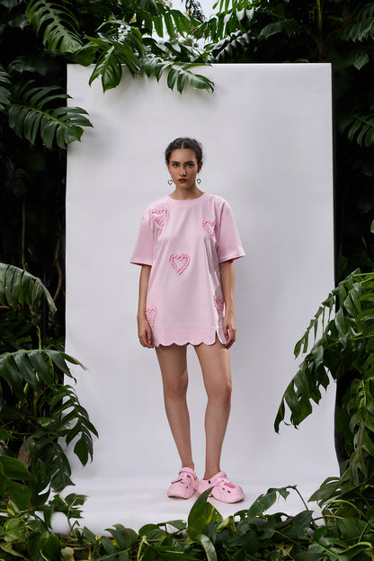VA RA Heart you Dress — pink oversized mini with heart detailing and scalloped hemline