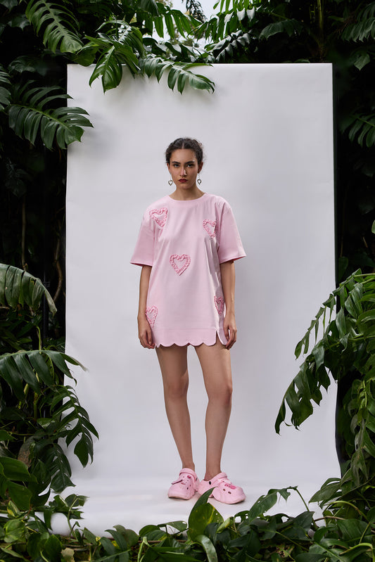 VA RA Heart you Dress — pink oversized mini with heart detailing and scalloped hemline
