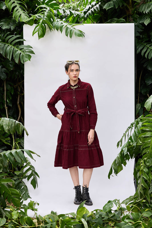 VA RA Manchester Dress — wine corduroy midi with gold embellishments and button belt