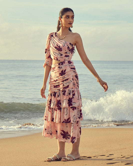 VA RA Pelican Bloom Maxi Dress – luxury women’s resort wear with pelican floral print and side slit- SUMMER DRESS
