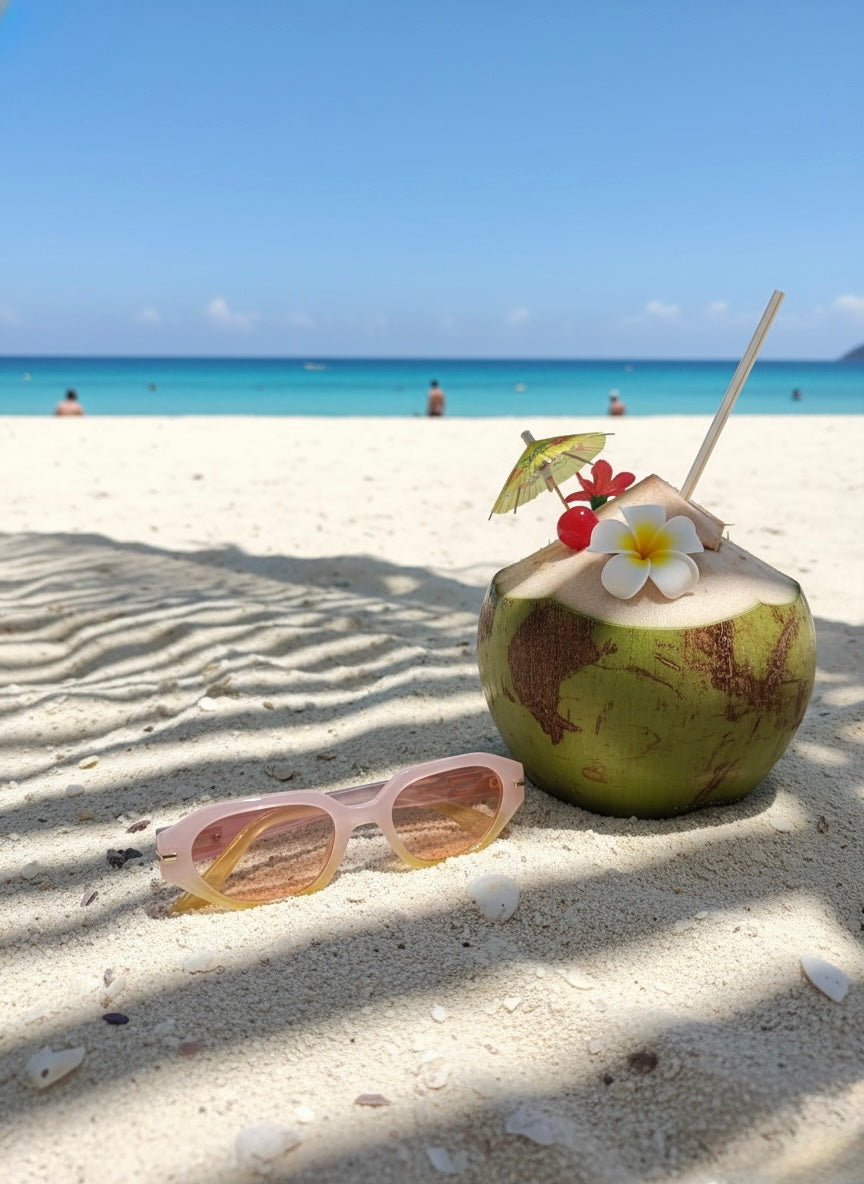 Pastel pink gradient sunglasses lying on sandy beach under palm shadows — VA RA Pina Colada Sunglasses