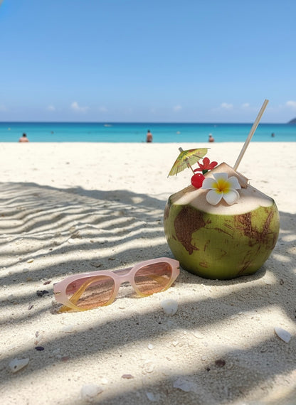 Pastel pink gradient sunglasses lying on sandy beach under palm shadows — VA RA Pina Colada Sunglasses