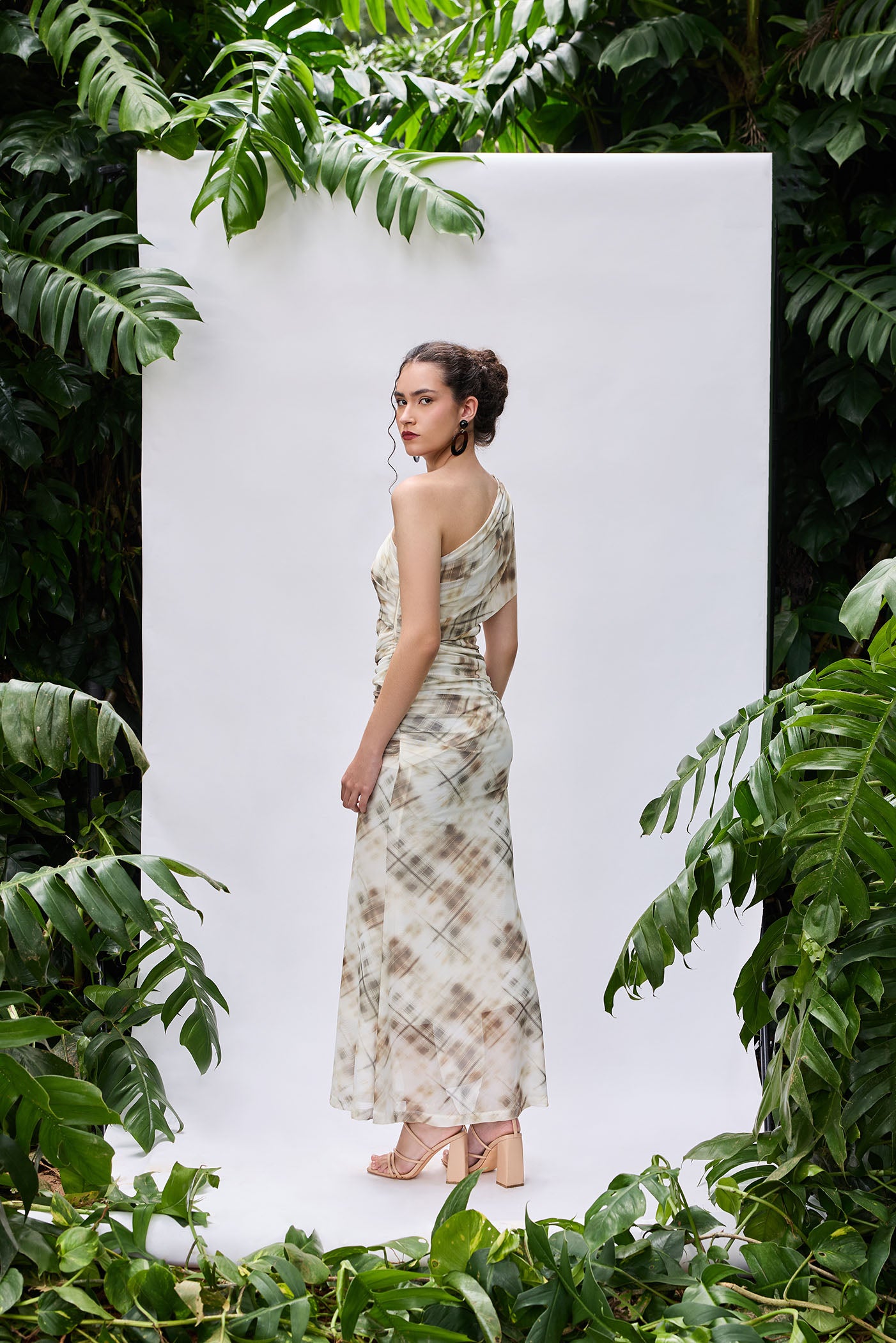 VA RA Pineapple Dress — one-shoulder draped maxi in beige net with fish-cut silhouette