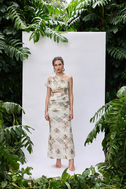 VA RA Pineapple Dress — one-shoulder draped maxi in beige net with fish-cut silhouette