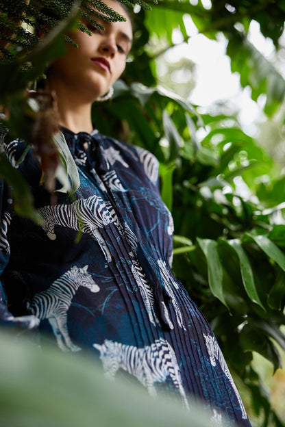 Close-up of Sapphire Zebra Pintucked Maxi — zebra and floral print with crush-effect texture