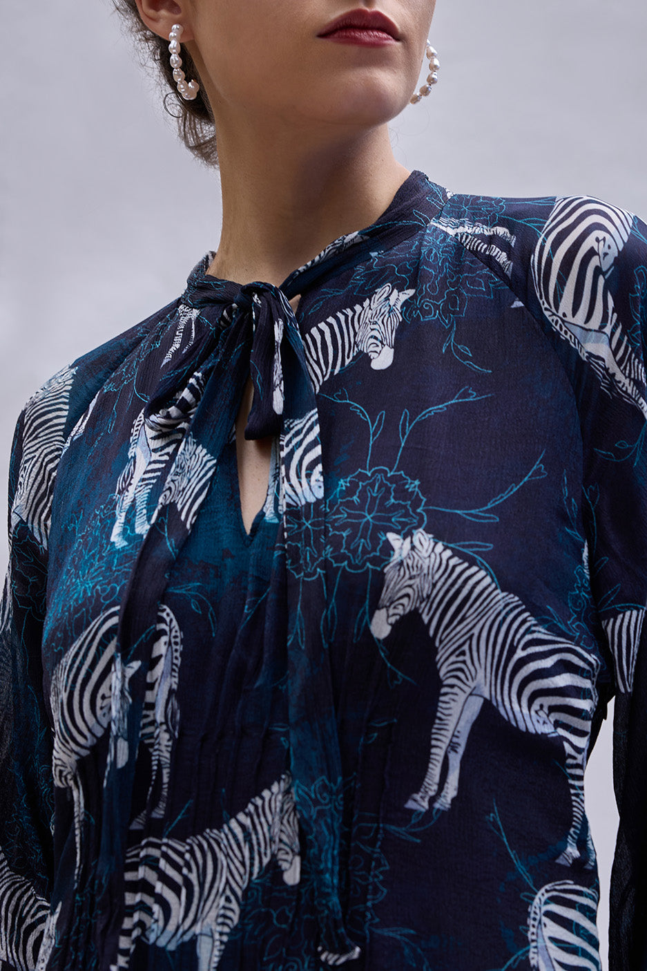 Blue Printed Long Zebra Dress Close up