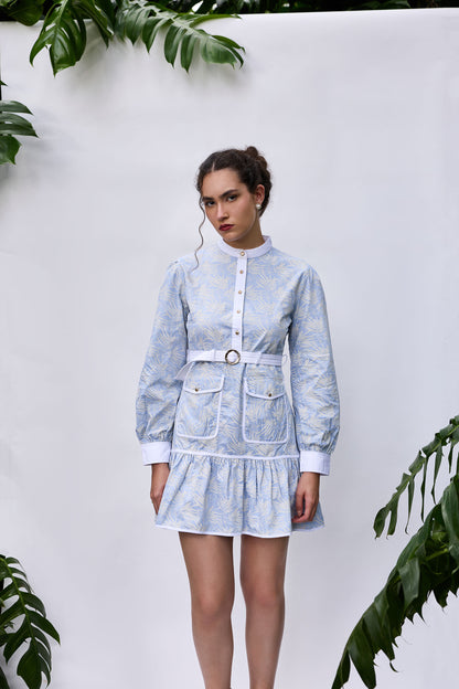 Model wearing powder blue palm print belted mini dress with detachable bow – VA RA