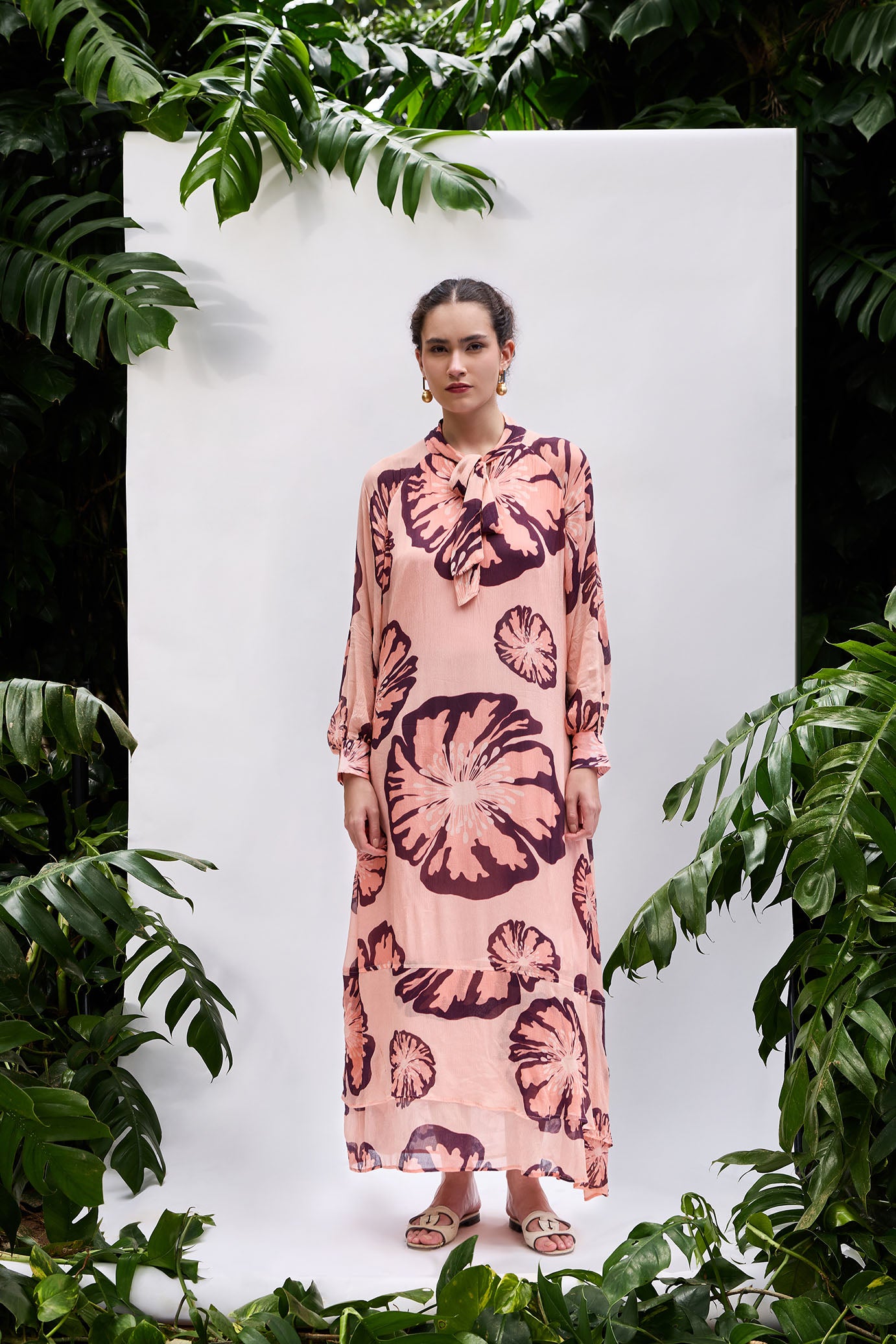 VA RA Rosaria Dress — blush chiffon maxi with wine floral print and bow neckline