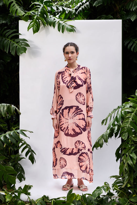 VA RA Rosaria Dress — blush chiffon maxi with wine floral print and bow neckline
