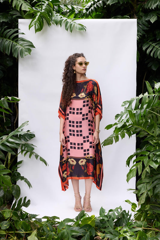 VA RA Rosette Kaftan — printed modal satin kaftan dress with floral border