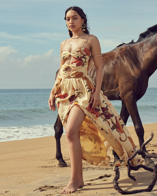 Flowy maxi silhouette, flattering and versatile Designer maxi dress by VA RA – safari print maxi for Indian vacations and parties