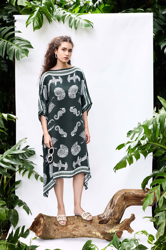 VA RA She Shell Kaftan — green modal satin kaftan dress with shell print