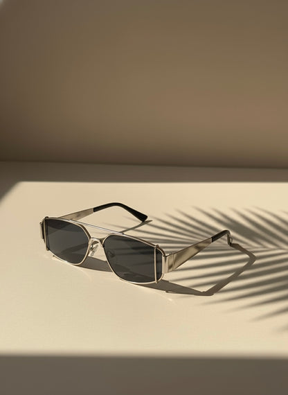 Silver metal sunglasses with smoky black lenses resting on a sunlit surface with palm shadows — Silver Highball Sunglasses by VA RA.