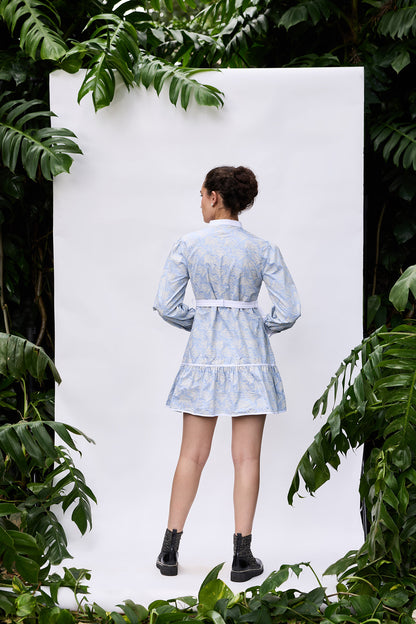Back view of tailored palm print mini dress with belt – VA RA