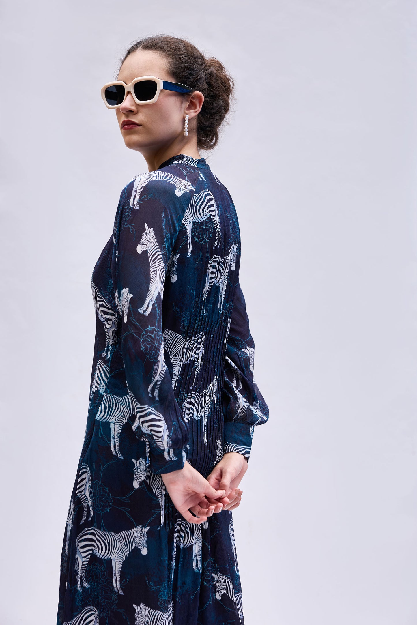 VA RA Sapphire Zebra Pintucked Maxi — blue printed maxi dress with pintucks and tie neckline