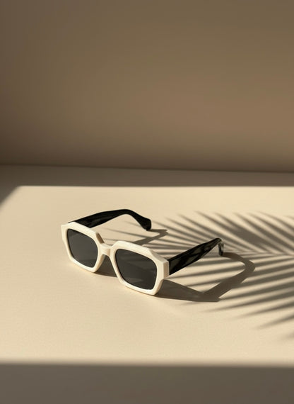 Ivory and black square sunglasses placed beside a cocktail by a poolside —White Negroni Sunglasses