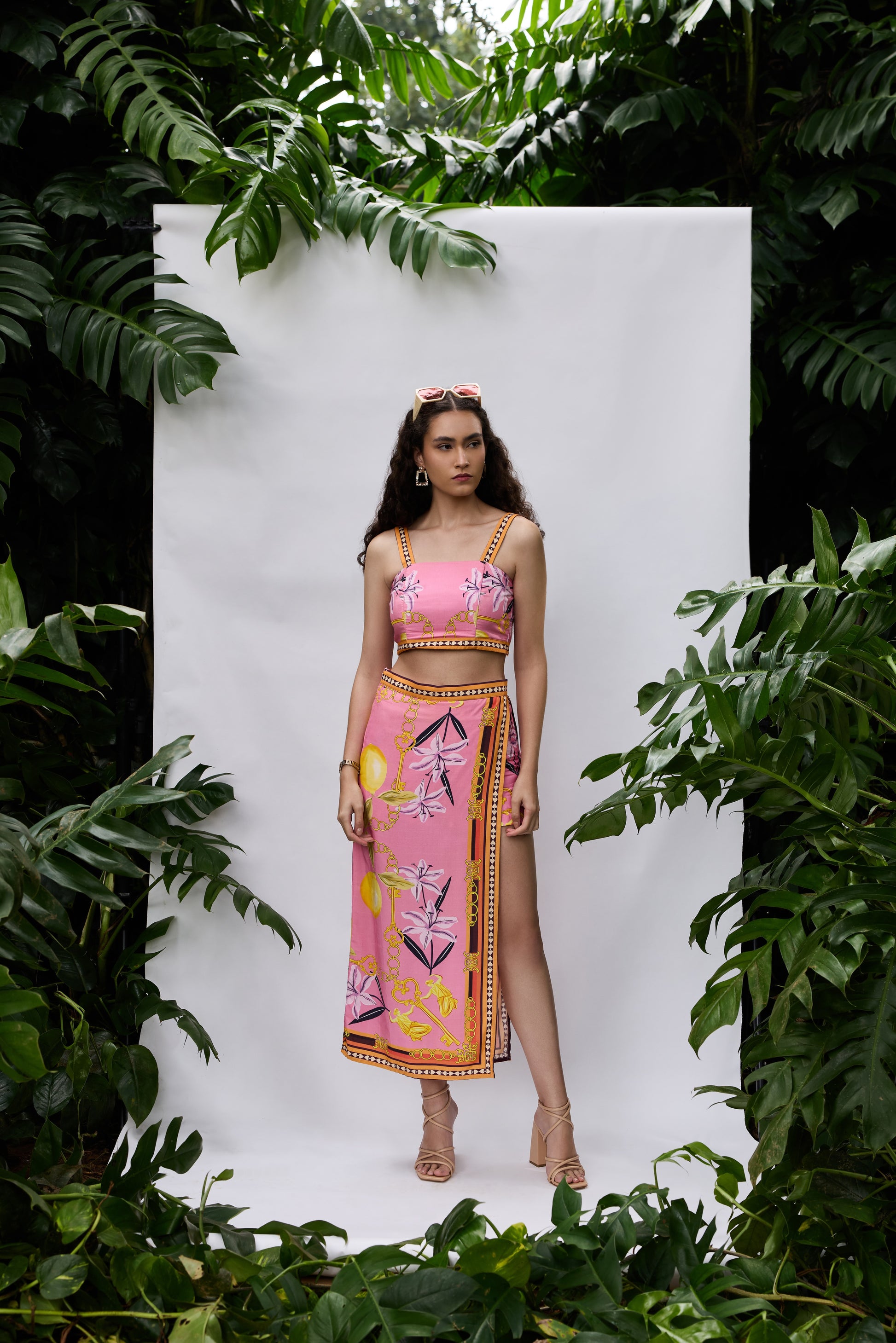 VA RA Lilly Bloom Co-ord Set — pink floral print crop top and slit skirt
