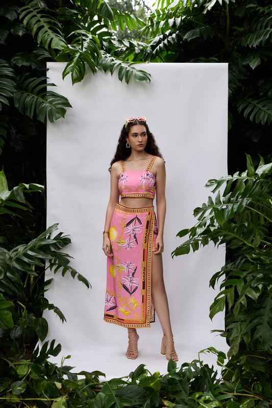 VA RA Lilly Bloom Co-ord Set — pink floral print crop top and slit skirt