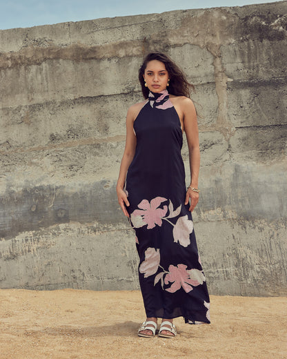 Designer maxi dress by VA RA – midnight bloom print with embroidery, perfect for Indian parties