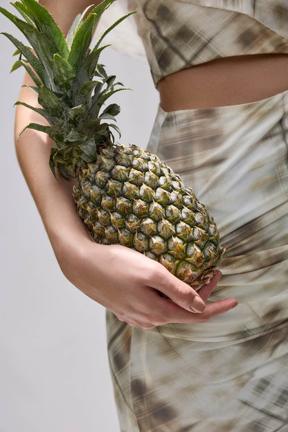 VA RA Pineapple Dress — printed one-shoulder draped maxi with side cut-out and fish-cut hem