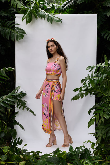 side view of lilly bloom , crop top and skirt